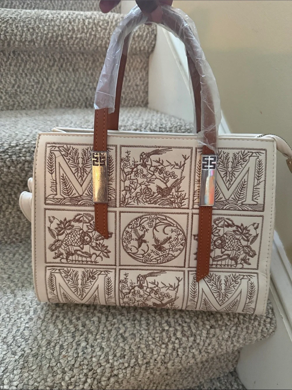 Embroidered Cream Satchel with Brown Handles